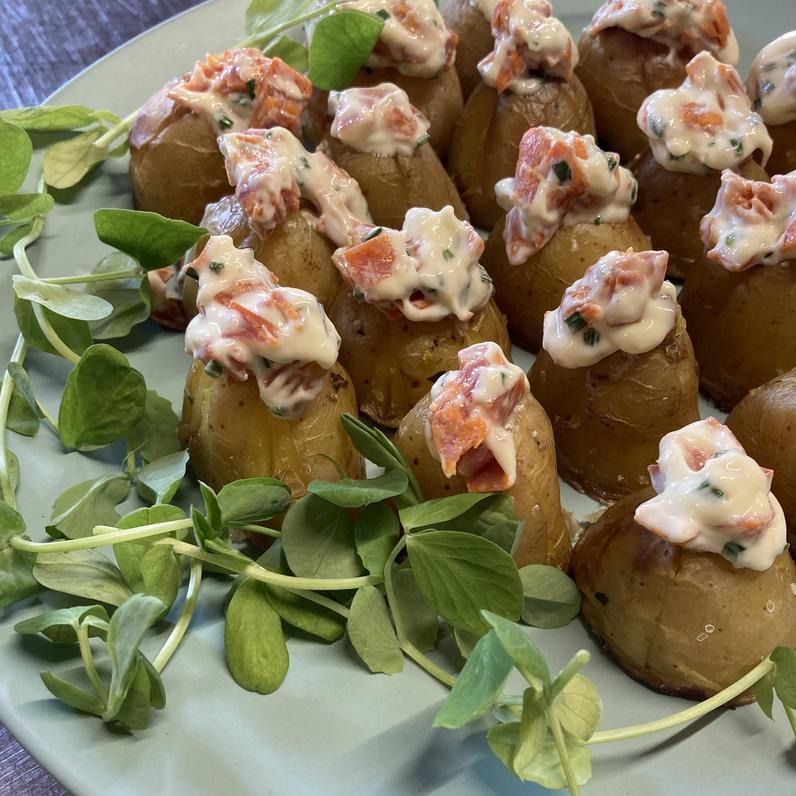 Baby Jacket Potatoes with Chorizo and Aioli.